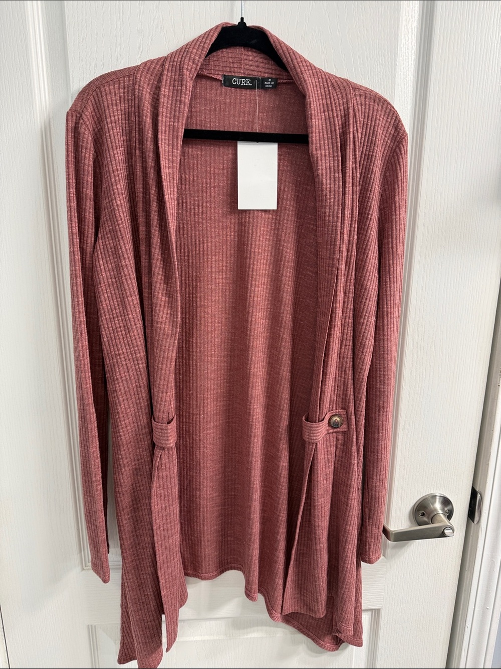 CURE Ribbed Drape-Open Front Cardigan in Dusty Rose Cozy Casual Sharkbite Hem
